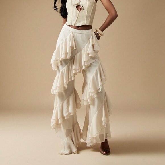 White Casual Women's High Waisted Wide Leg Chiffon Pants - Picture 1 of 6